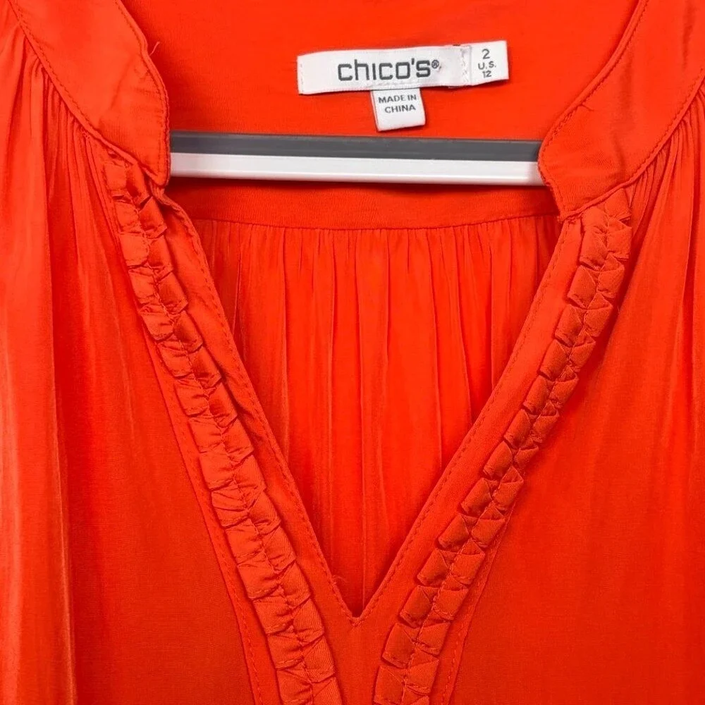 Chico's Pleated Ruffle Blouse Size 2 L‎ Orange Excellent